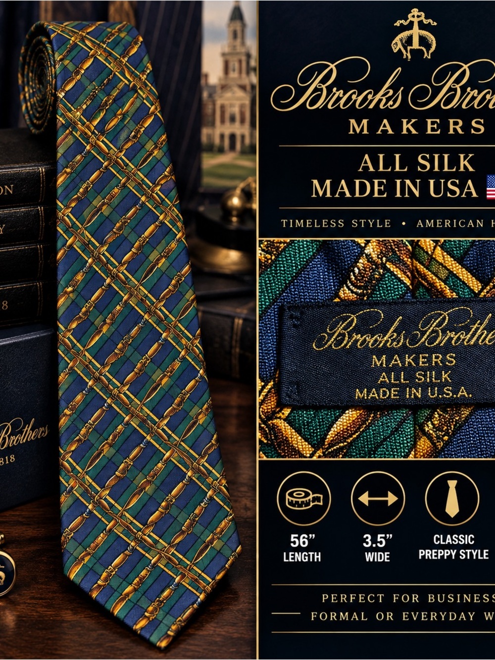 Brooks Brothers Green, Blue and Gold Silk Tie - Interlaced Pattern